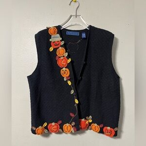 Karen Scott Black Pumkin Jack O Lantern Tight Knit Button Vest Adult XL